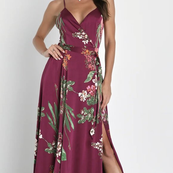 Lulus Still the One Burgundy Floral Print Satin Maxi Dress - Picture 1 of 10